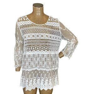 Chico's White Crochet Lace & Mesh Embroidered Tunic Top Sz 2 (L/12) #296K
